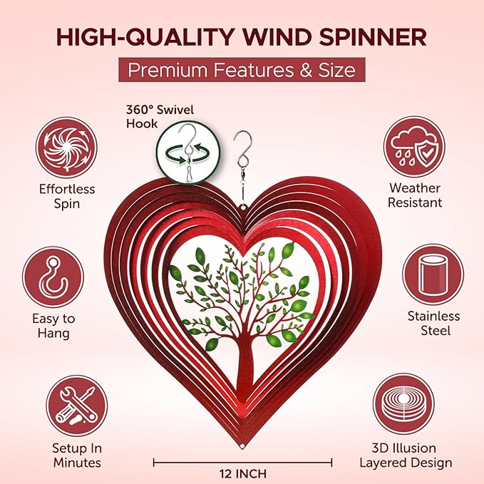 ISEO® Heart Wind Spinner for Yard and Garden, Hanging Outdoor Decor, Yard Art, Porch and Patio Decorations, Metal Wind Spinners Outdoor, Weather Resistant, 12”