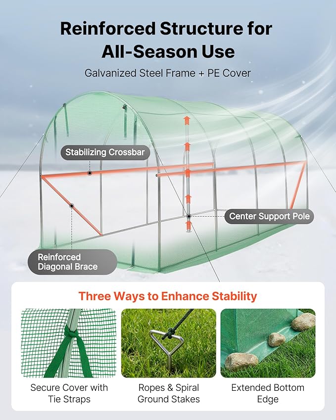 VEVOR Walk-in Tunnel Greenhouse, 15 x 7 x 7 ft Hoop House Greenhouse Tunnel with Watering System, Plant Hot House with Steel Frame, PE Cover, Roll-Up Zipper Door and 8 Windows for Outdoors, Green
