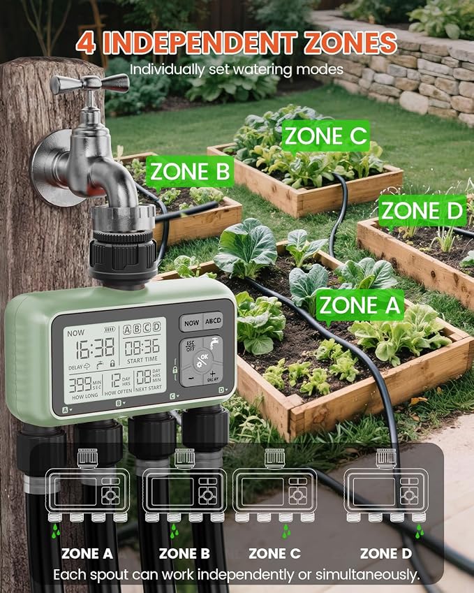 Sprinkler Timer 4 Zone Water Timer for Garden Hose Programmable Outdoor Hose Faucet Controller with Rain Delay Manual and Automatic Irrigation Controller System Low Battery Warning for Lawn Yard