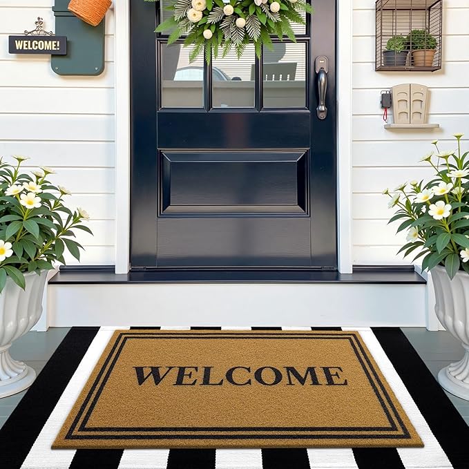 OLANLY Front Door Mat, Low Profile Doormat, Stain and Fade Resistant, Easy to Clean, for Indoor and Outdoor Entrances, Patio Porch or Entryway, Brown (35x23 Inch, Welcome)