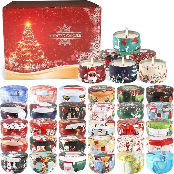 36Pack Christmasc Sets,Long Burning,2.5oz Natural Soy Wax with Essential Oils Decorative Aromatherapy Candles for Christmas，Thanksgiving Gift, Home Scented