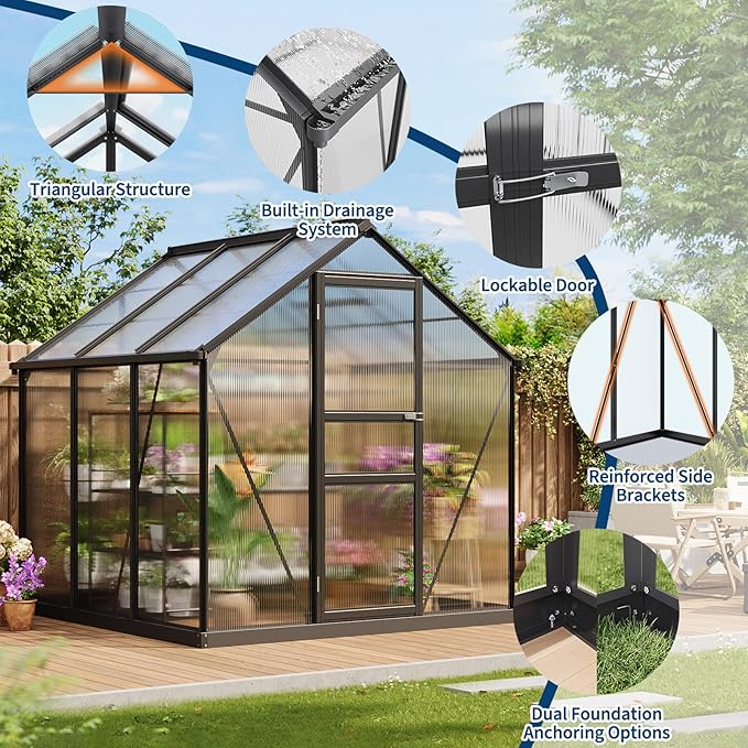 Garvee 6x6 FT Outdoor Greenhouse - Walk-in Aluminum Frame with Lockable Hinged Door, Adjustable Roof Vent, Rain Gutter - Ideal for Backyard, Patio, Lawn, Garden - Hinged Door