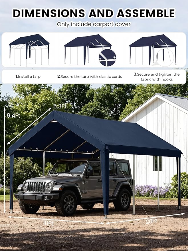 10 x 20 Ft Carport Replacement Cover, Heavy Duty Outdoor Car Tarp Canopy, Waterproof & UV Protected Tear Oxford Tarp with Ball Bungees (Frame is Not Included)