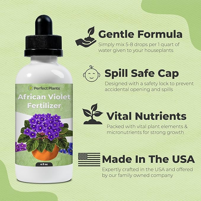 Liquid African Violet Food Drops by Perfect Plants | Fertilizer for Your Live Indoor Flowering Plant Garden | Packed with Premium Nutrients and Plant Foods | NPK 2-2-2 (4oz)