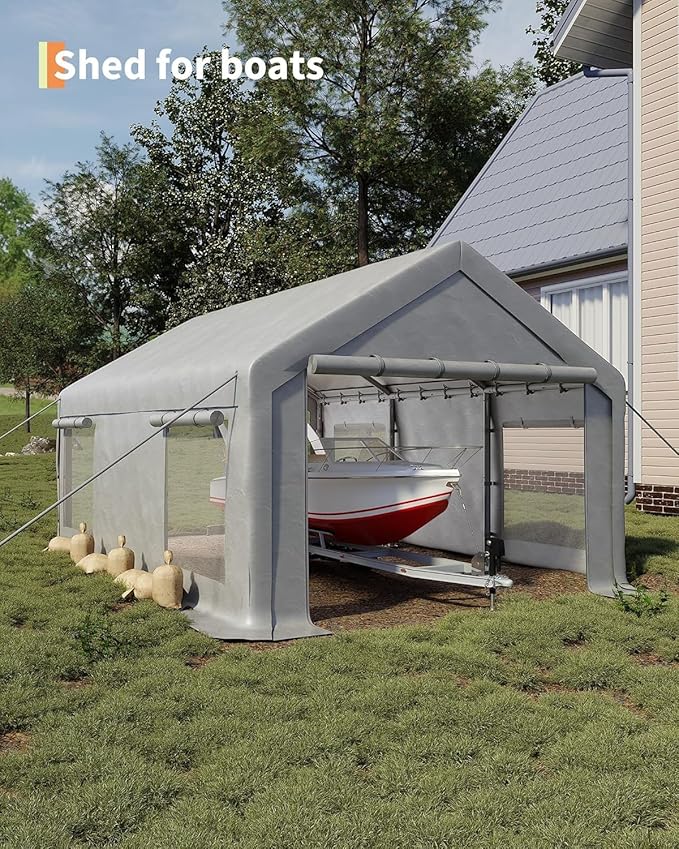 Carport Canopy, 12 x 20ft Garage Tent Shelter Tarp, Heavy-Duty Carport Canopy with Roll-Up Windows & Doors, Removable Sidewalls Car Canopy, Car Tent Waterproof for Cars, Boats, Trucks
