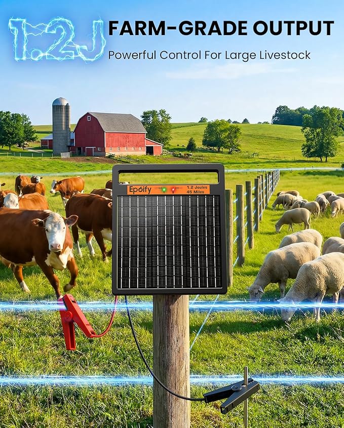 Solar Electric Fence Charger 1.2J Stored Energy, 45 Miles Coverage,8W Solar Fence Energizer with 10000mAh Battery,7–11kV Output, Smart Alarm, All-Weather Fence Charger for Cattle, Horses & Farms