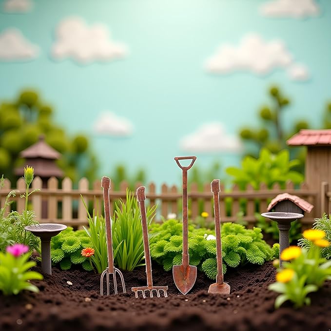 4 Pcs/Set Miniature Dollhouse Garden Tools 1:12 Mini Rusty Shovel Hoe and Pitchfork Fairy Garden Accessories Furniture Ornaments Micro Landscape Decor Garden Sculptures Statues(ZS358)