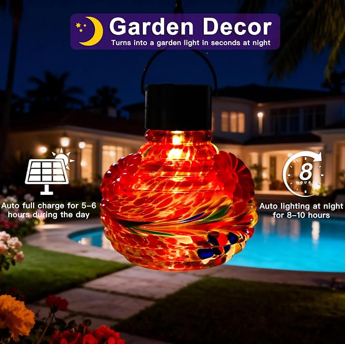 VOREEN Solar Hummingbird Feeder, Hand Blown Glass 17oz Hanging Feeder with LED Light, Waterproof & Rust-Proof Silicone Flower Ports, Decorative Garden Lantern for Outdoor Yard Patio (Multicolor)