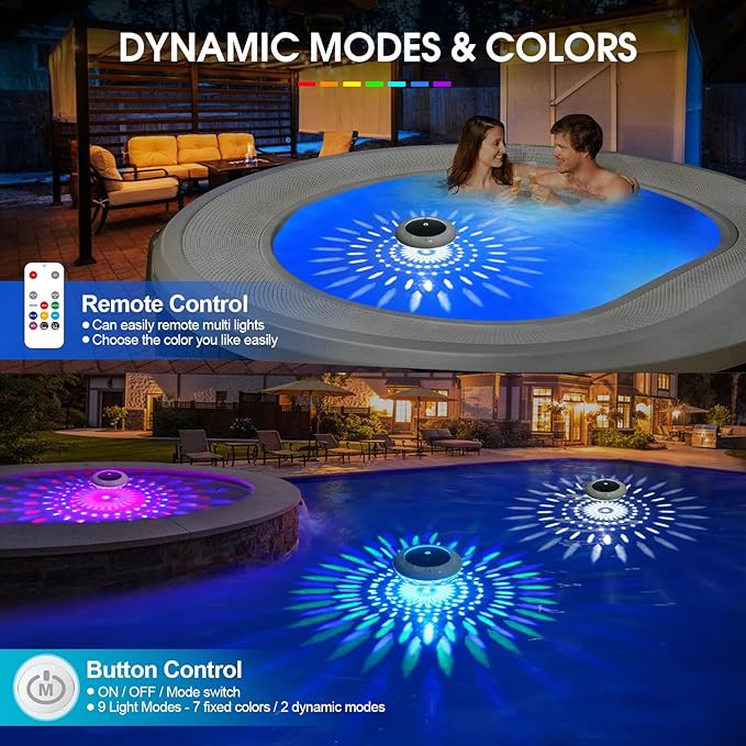 Floating Pool Lights w/Remote, 6.5 Inch RGB Color Changing Solar Pool Lights that Float with 9 Dynamic Lighting, IP68 Waterproof Hangable Solar Floating Light for Pool Garden Weeding Decor(2)