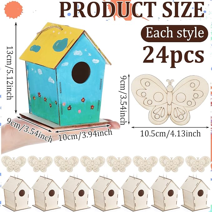 DoubleFill 48 Pack Wooden Bird Houses Bulk Butterfly Wood Chips for DIY Unfinished Hanging Birdhouse Kits Wooden Craft Houses to Paint Summer Bulk Craft Family Crafts Party Favor