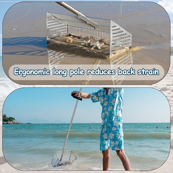 Sand Flea Rake for Beach：Metal Detachable Sand Sifter with 70in Handle,Portable Shark Tooth Sifter,Sturdy Beach Shovel for Shell,Flea,Suitable for Beach Camping,Parent-Child Activities