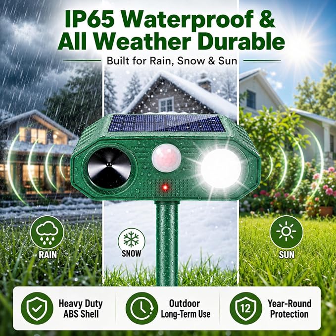 2 Pack Solar Animal Repellent Ultrasonic Outdoor for Cats Squirrels Racoons Rabbits Foxs Dogs Skunks,Sonic Fortress Pro Deer Repellent Devices Flashing Light Motion Sensor Animal Deterrent for Garden