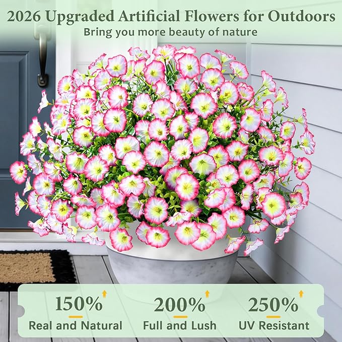 Yastouay Artificial Flowers for Outdoors, 26 Bundles Fake Outdoor Flowers, UV Resistant Artificial Plants & Flowers for Decoration, Pink Realistic Morning Glory for Outdoor Porch Garden Decoration