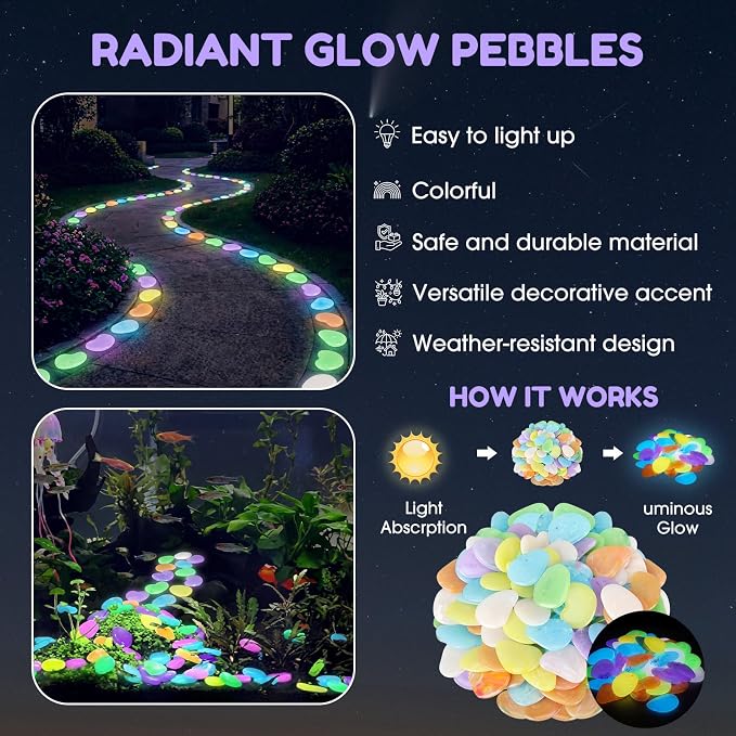 Landical 100 Pcs 1.8 Inch Large Glow in The Dark Rocks Pebbles Outdoor Fish Tank Rocks Aquarium Gravel Luminous Stones for Walkway Succulent Plant Halloween Decor (Colorful)