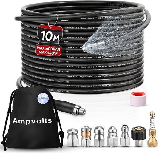 33FT Sewer Jetter Kit for Pressure Washer, 5800 PSI Drain Cleaning Hose with 5 Jet Nozzles & 2 Adapters, Compatible with Spray Guns and Power Washers, Ideal for Clogged Pipes and Drains