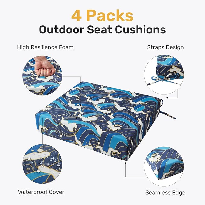 UNIKOME Outdoor Chair Cushions Pack of 4, Water Resistant Patio Cushions with Ties, High Density Sponge Filling Square Corner Seat Cushions for Outdoor Furniture, 19"*19"*3", Blue/Waves