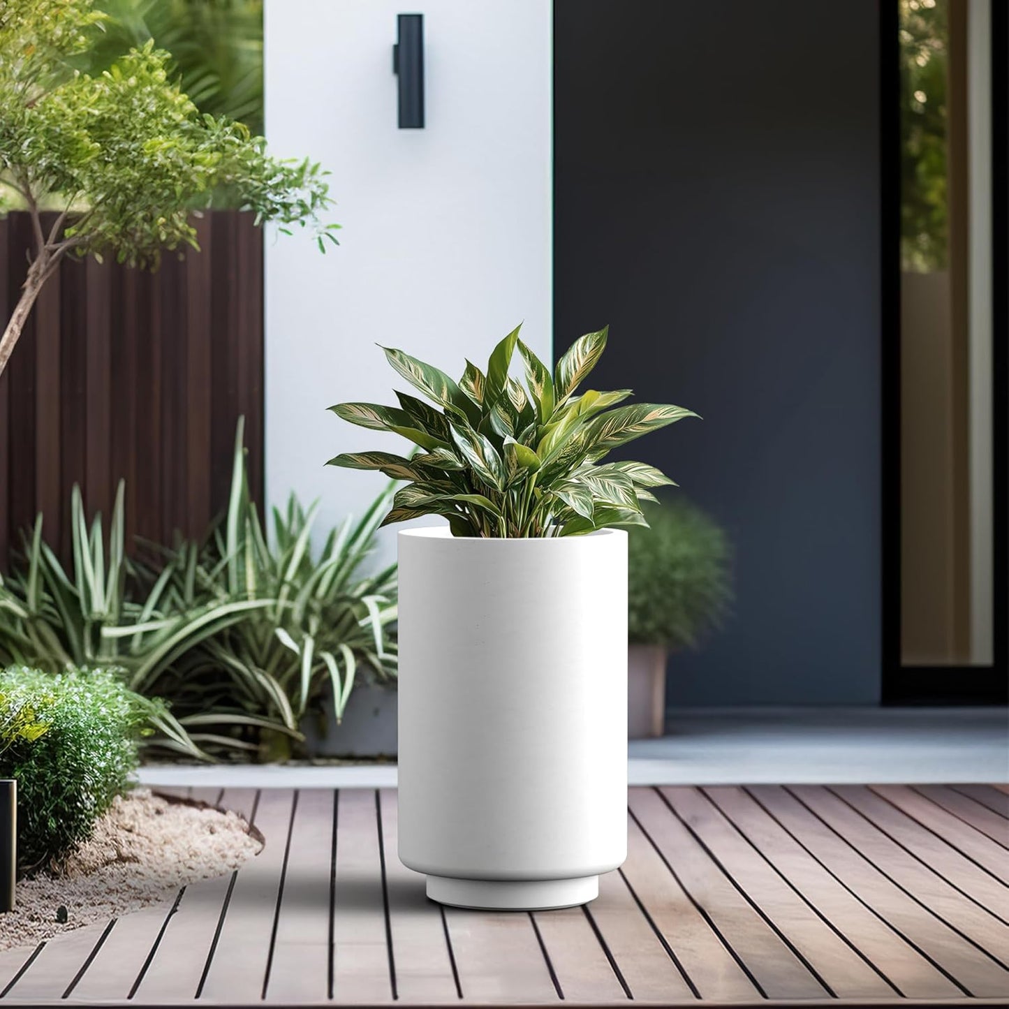 Kante 20.1 Inch Tall Concrete Planter, Round Pedestal Design Garden Pot for Indoor Outdoor Plants, Modern Garden Pot with Drainage Hole, White Finish with Aqua Blue Interior