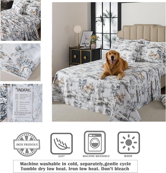 FADFAY Toile Sheets Set King 100% Egyptian Cotton French Country Toile de Jouy Bedding Classic Black and Gold Floral Bed Sheets Shabby Farmhouse Bedding Breathable Soft Deep Pocket 4Pcs, King Size