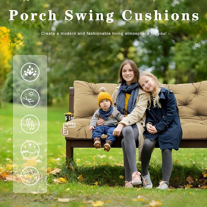 Porch Swing Cushions 48 inch 2 Seater Waterproof Outdoor Replacement Cushions with Backrest Thicken 5" Cushions for Porch Swing for Patio,Outdoor,Backyard and Garden(Khaki 48×40×5inch)