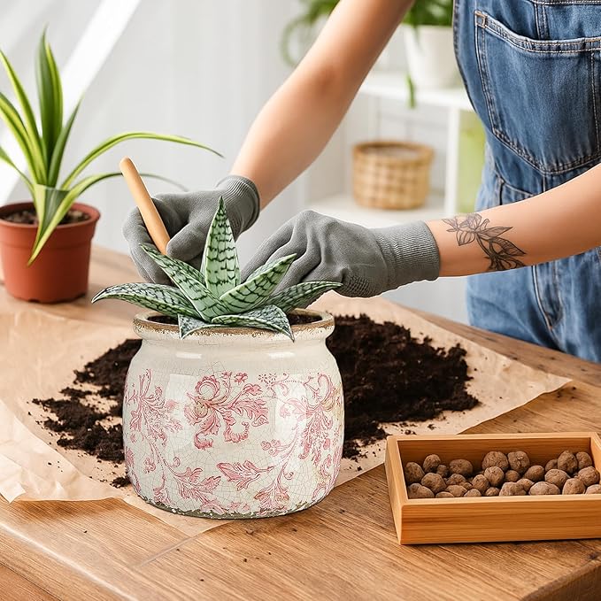Vintage Planter Large Ceramic Plants Pot Pink Floral Scroll Ice Crack Cottage Scroll Vase Flower Vase Pot Indoor Plants Home Kitchen Decor Farmhouse Antique Decorative Gifts