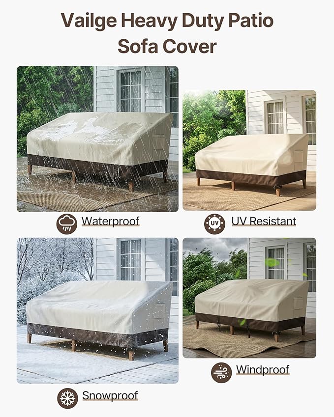 Vailge Heavy Duty Patio Sofa Cover, 100% Waterproof 3-Seater Outdoor Sofa Cover,Lawn Patio Furniture Covers with Air Vent and Handle,93" Wx 40" Dx 35" H,Beige&Brown