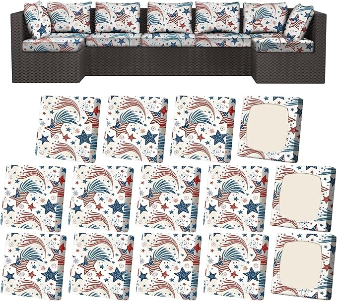 14Pcs Patio Stretch Cushion Covers, Outdoor Couch & Sofa Replacement Slipcovers for Patio Furniture Cushion Covers, Washable Reusable Furniture Protector, Square Large, Retro Stars