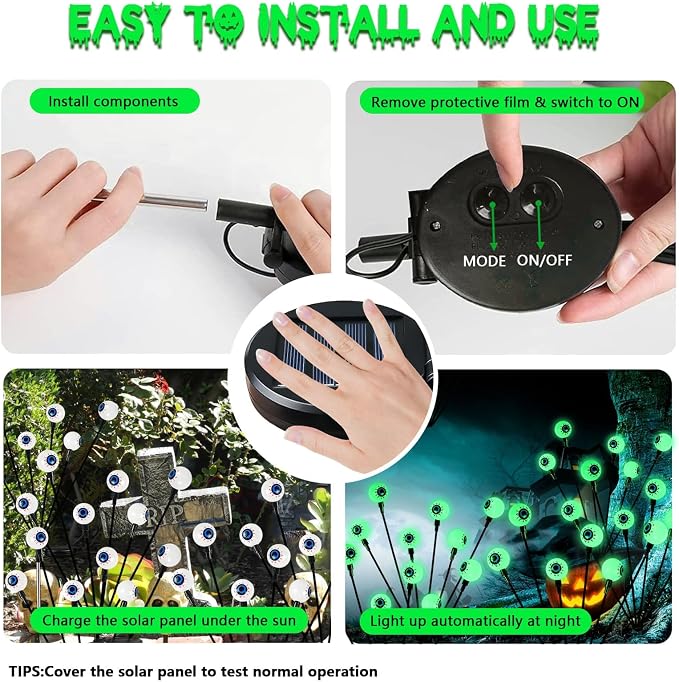 Solar Halloween Decorations Outdoor 2 Pack 12 LED Green Solar Eyeball Light | Newly 3-Tier Design, 2 Lighting Modes, Auto ON/OFF, IP65 Waterproof, Garden Lights for Walkway Yard Lawn Horror Party Decor