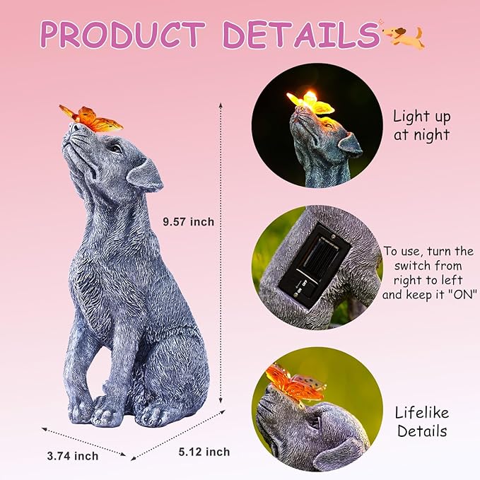 Goodeco Dog Statue with Solar Butterfly - Ideal Gifts for Mom, Dad or Birthdays, Beautifully Crafted Outdoor Decorations to Wow Your Guests