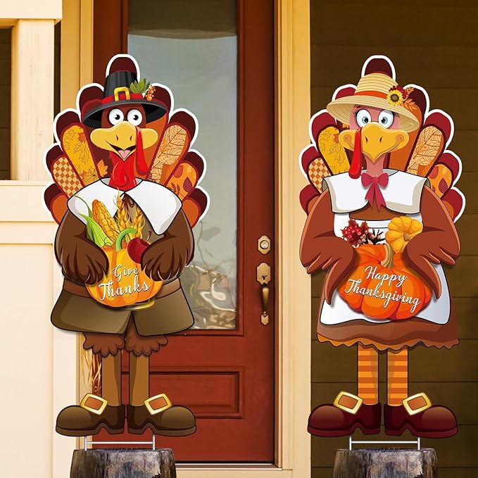 Capoda Large Thanksgiving Turkey Yard Sign Turkey Pumpkin Fall Yard Sign Stake Happy Thanksgiving Signs with H Stand for Fall Autumn Harvest Party Lawn Garden Outdoor Decor, 29.3 x 12.6 Inch