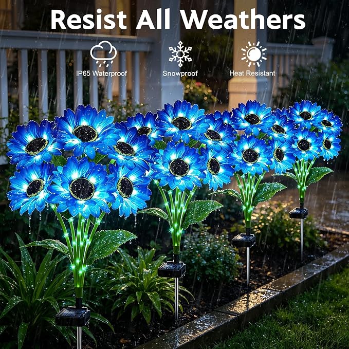 Solar Garden Lights Outdoor, 6 Pack Blue Sunflower Lights with 36 Sunflower, Waterproof 60 Led Garden Fall Decor, Gifts for Mom Grandma, Decorative Solar Flowers for Pathway Patio Yard Decoration
