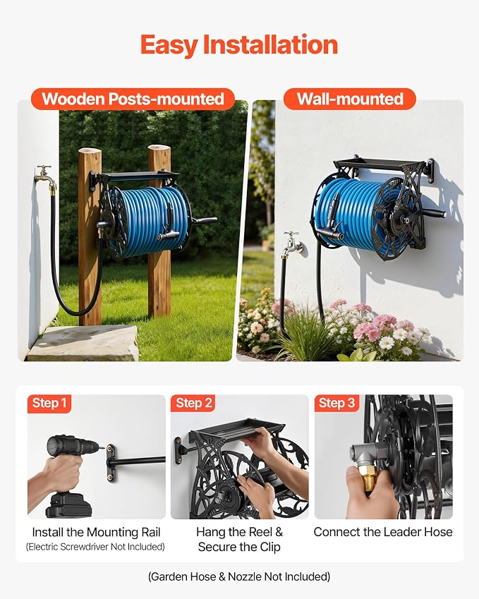VEVOR Wall Mounted Garden Hose Reel, Holds 135 Feet of 5/8-inch Hose, Outdoor Heavy-Duty Waterhose Holder Winder, with Widened Top Tray, Aluminum Alloy Connector, Decorative Pattern, for Backyards