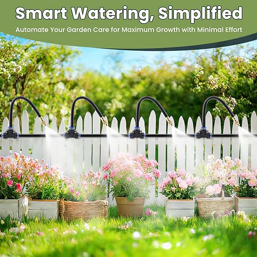 Automatic Drip Irrigation Kits - Garden Watering System with 360° Bendable Spray Adjustable Copper Atomizing Nozzles for Yard, Lawn, Raised Bed, Greenhouse, Potted Plants (24 Nozzles, 100FT Hose)