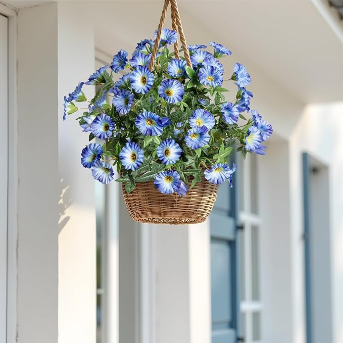 Blue Artificial Morning Glory Flowers for Outdoor Planters, Premium UV Resistant Silk Faux Flowers for Porch, Hanging Basket & Window Box, Lifelike Floral Arrangement, No Pot 13.3“ 4 Bundles