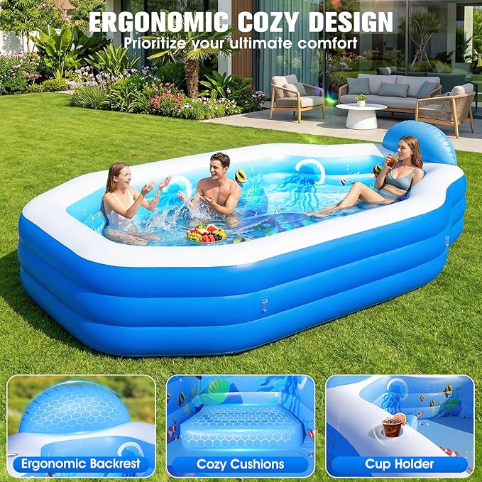 2026 Inflatable Pool with Canopy, Large Inflatable Pool for Kids,Adults, Blow Up Pools with Seats,Oversize Thickened 118"x75"x22"Inflatable Swimming Pools, Kids Pool for Backyard,Ocean Theme