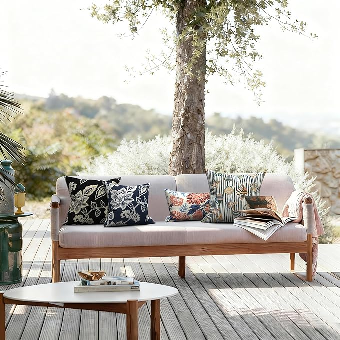 LVTXIII 2 Pack Outdoor Throw Pillow Covers for Patio Furniture, 16x16 Inch Square Pillow Case, Water-Repellent Cushion Covers for Garden, Porch, Sofa, Elegant Vines Navy