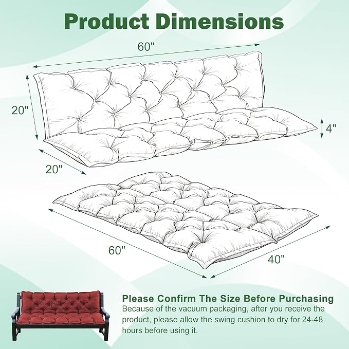 Porch Swing Cushions, 60x40 Inch Swing Cushions for Outdoor Furniture, Waterproof 3 Seater Patio Seat Cushion with Backrest, Replacement Bench Cushion for Glider, Settee, Burgundy