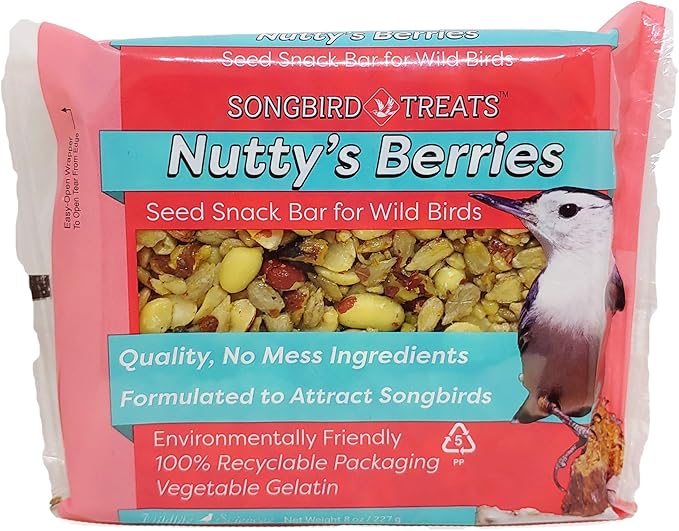 Wildlife Sciences Songbird Treats Seed Bars | 12 Pack of 8 oz Bird Seed Cakes for Wild Birds (Nutty's Berries)