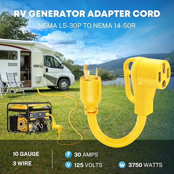 Kohree NEMA L5-30P to 14-50R Generator Adapter Cord, 3 Prong 30 Amp Twist Lock Plug to 50 Amp Receptacle, STW 10 AWG 12", for Generator to RV Camper Trailer