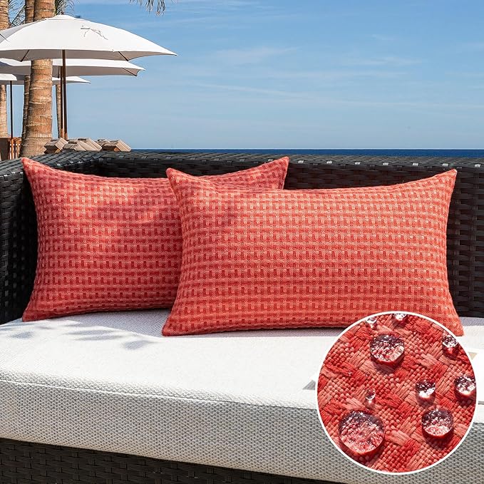 Kevin Textile Valentines Outdoor Waterproof Throw Pillow Covers Pack of 2 Farmhouse Decorative Cushion Covers for Garden Patio Tent Balcony Bench Couch Sofa 12x20 Inch, Red