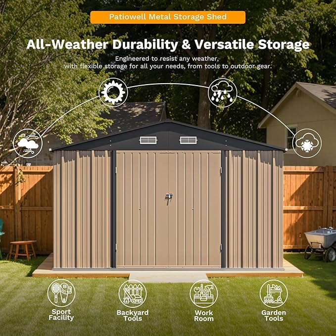 Patiowell 10 x 12 FT Outdoor Storage Shed with Floor Frame, Large Metal Shed Storage with Lockable Doors and Steel Frame, Utility Tool Outside Storage Shed for Garden, Patio, Backyard, Brown