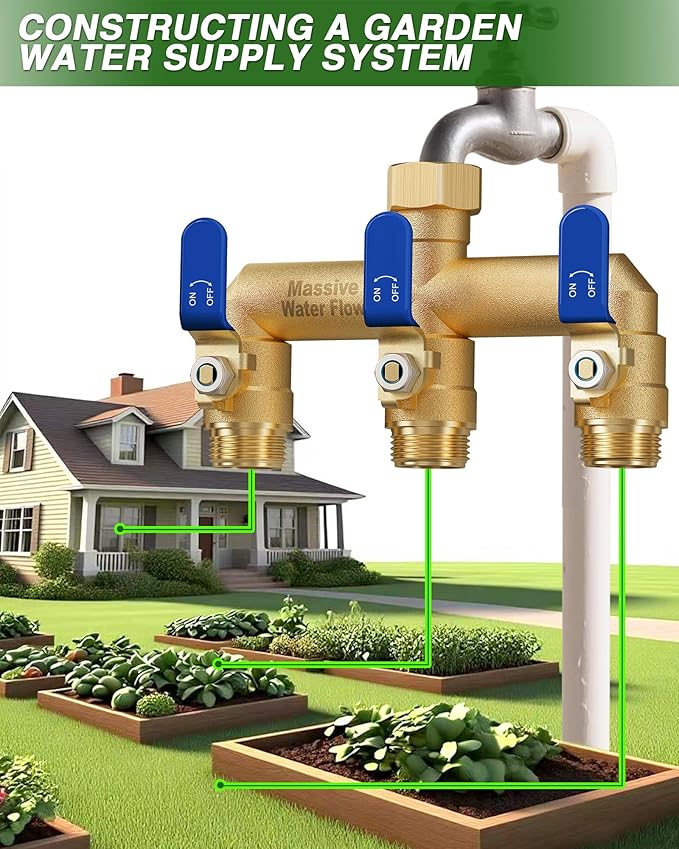 3 Way Hose Splitter, Heavy Duty Full Flow Garden Water Hose Bib Spigot Splitter, Brass Rust and Freeze Resistant Outdoor Faucet Splitter, T Adapter Connector with 3/4 - Inch GHT Thread （Blue）