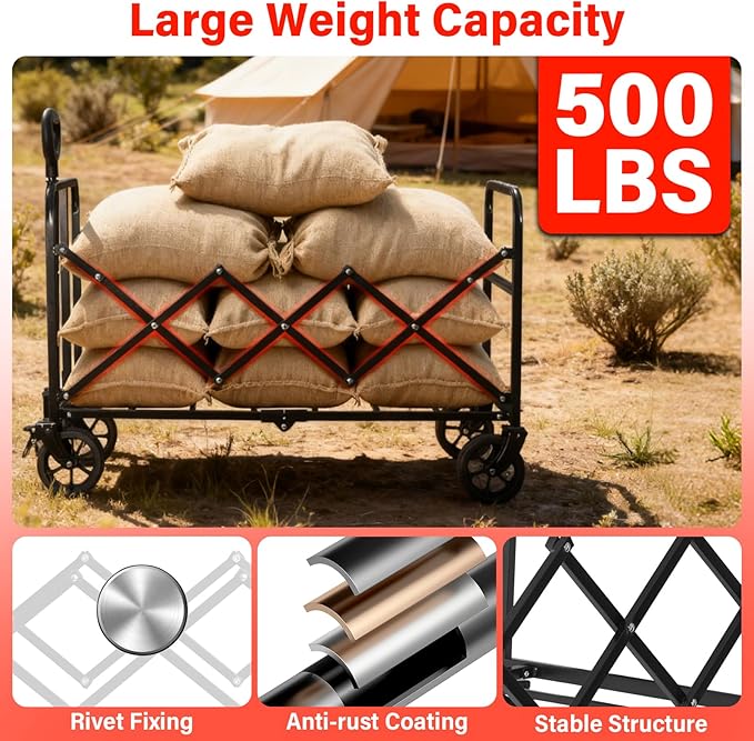 Collapsible Wagons Carts Foldable, 500LBS Heavy Duty Wagon Cart Foldable with Brakes & All-Terrain Wheels– 34'' Extra Long Folding Wagon Portable Lightweight for Camping, Beach，Sports, Shopping