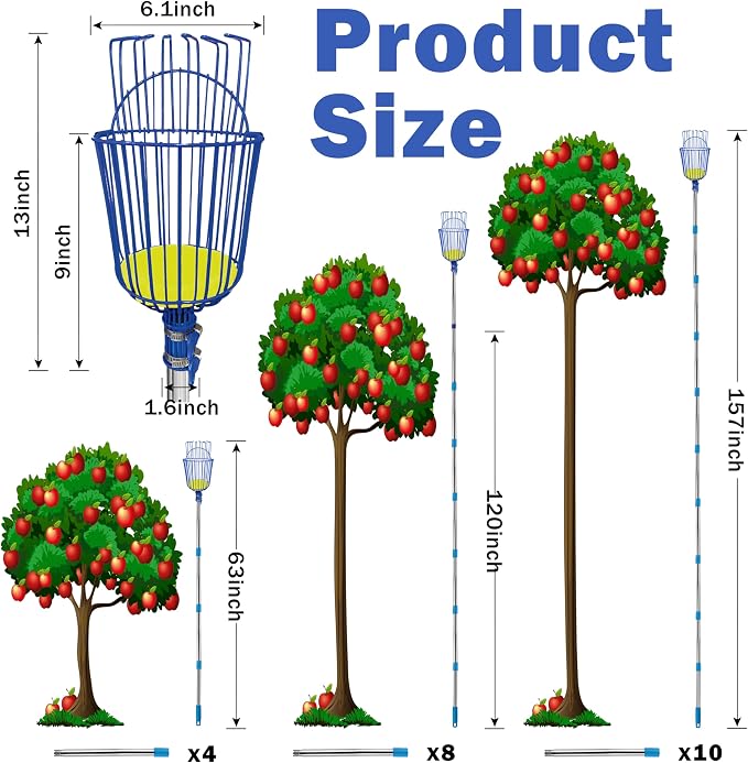 Fruit Picker Upgraded Round Claws Can Reduce Fruit Damage Lengths from 5 to 13 Feet Fruit Picker Pole with Basket Adjustable Suitable for Cherry Lemon Pear Mango Trees and More (120inch)