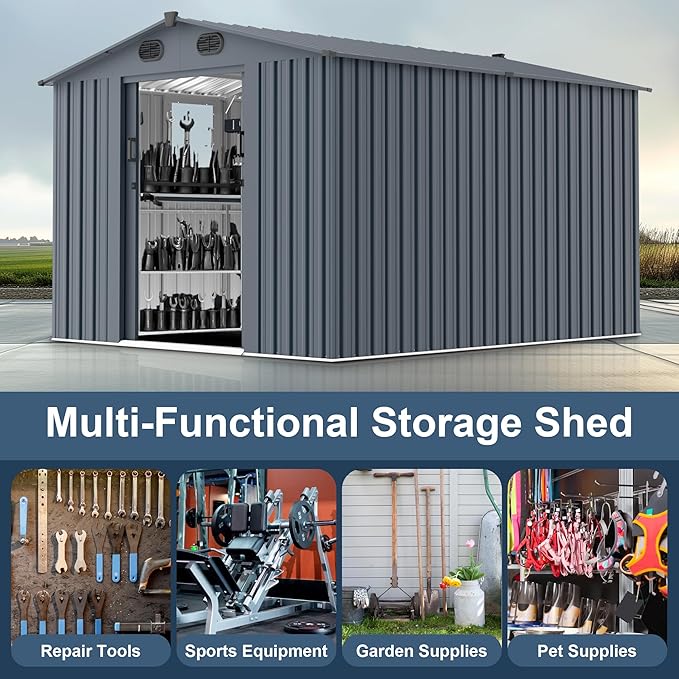 YOPTO 8x10 FT Outdoor Storage Shed,Large Metal Tool Sheds with Window and Lockable Doors, Garden Shed for Backyard Patio Lawn, Dark Grey