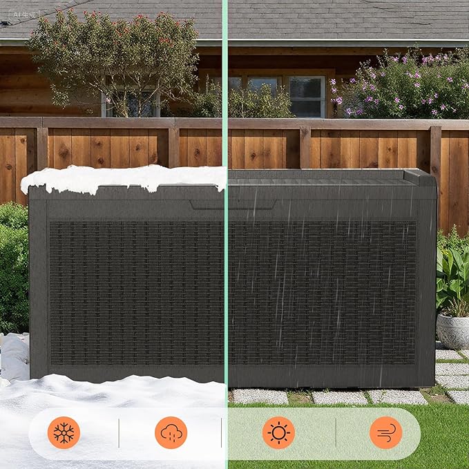 60 Gallon Outdoor Storage Box for Indoor & Outdoor Use, Waterproof Resin Rattan Deck Bin - Lockable & Fade Resistant - Ideal for Package Storage, Patio Cushions & Gardening Tools, Black
