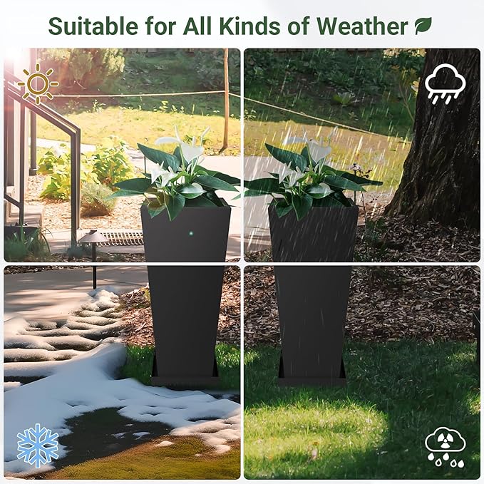 Metal Tall Outdoor Planters Set of 2, 26 inch Durable Tall Planters with Rust-Proof Coating & Drainage Insert Shelve & Trays, Black Outdoor Planters for Porch, Garden, Patio, Yard