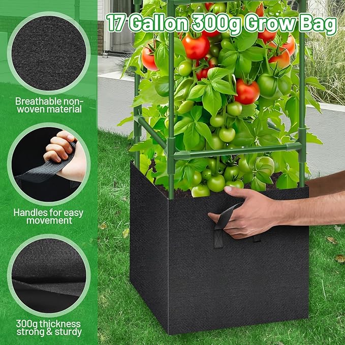 Legigo 4 Pack Tomato Cages with 17 Gallon Grow Bags- 47 Inch Square Tomato Cages for Garden, Heavy-Duty Tomato Stakes Plant Support Cages Trellis for Garden Vertical Climbing Plants Vegetables