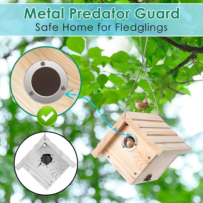Dreyoo 4 Pack Wren House, 1-1/8'' Entrance Hole Hanging Wooden Wren Bird Houses for Outside with Metal Guard, Air Vents, Pine Wood for Chickadees (Wood)