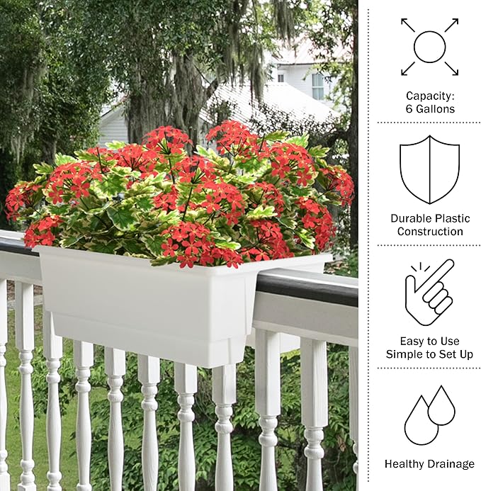 Railing Planter Box 2-Pack - 20.75-Inch Flower Boxes with Removable Drainage Inserts - 6-Gallon Outdoor Planters for Porch, Deck, or Balcony Decor, Fits Rail 3” - 4” by Pure Garden (White)