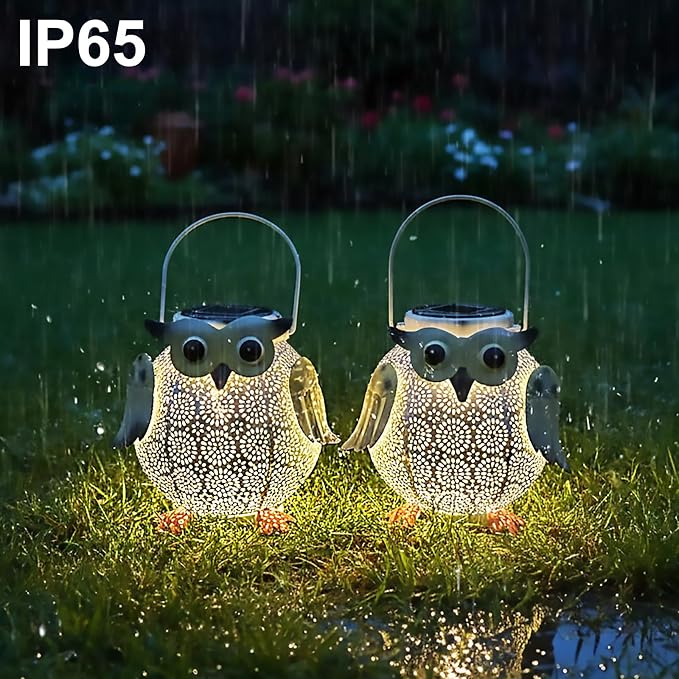 2 Pack Hanging Solar Lanterns - Garden Light Waterproof Metal Decorative Solar Lantern Lights Outdoor for Patio Yard Table Pathway (White owl 2pk)